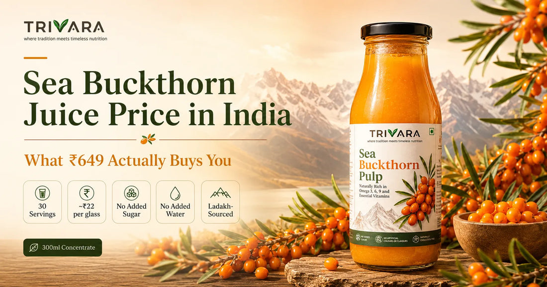 Trivara Sea Buckthorn Pulp 300ml bottle with Ladakh berries, priced at ₹649 for 30 servings at around ₹22 per glass.
