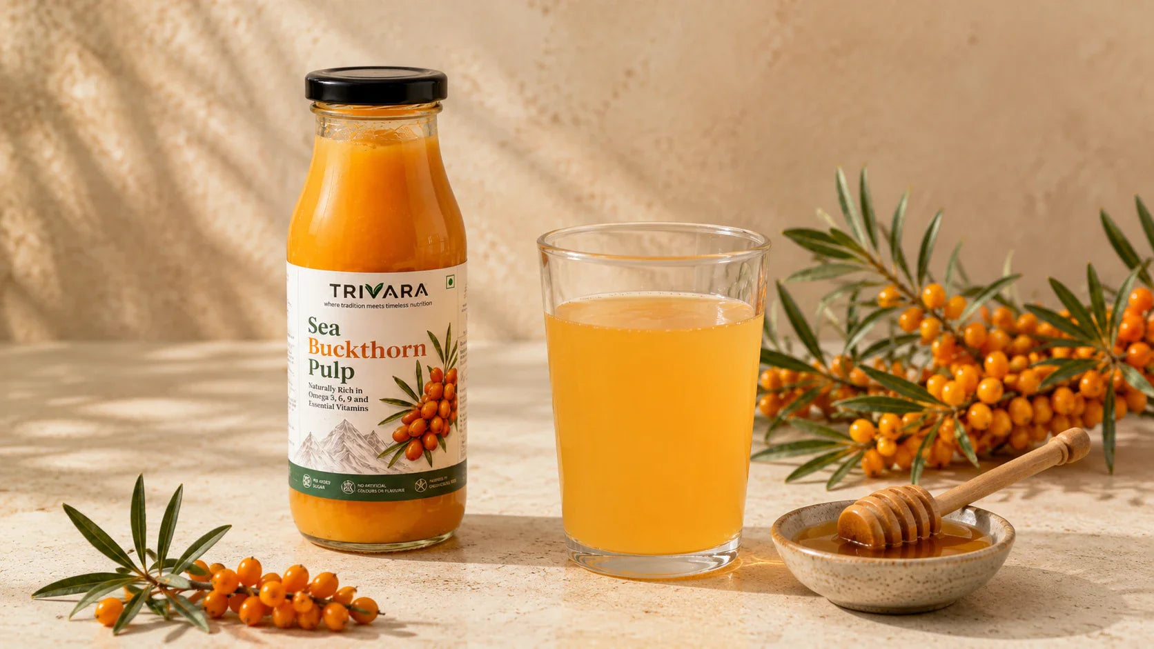 Trivara Sea Buckthorn Pulp with diluted sea buckthorn drink, fresh berries and honey