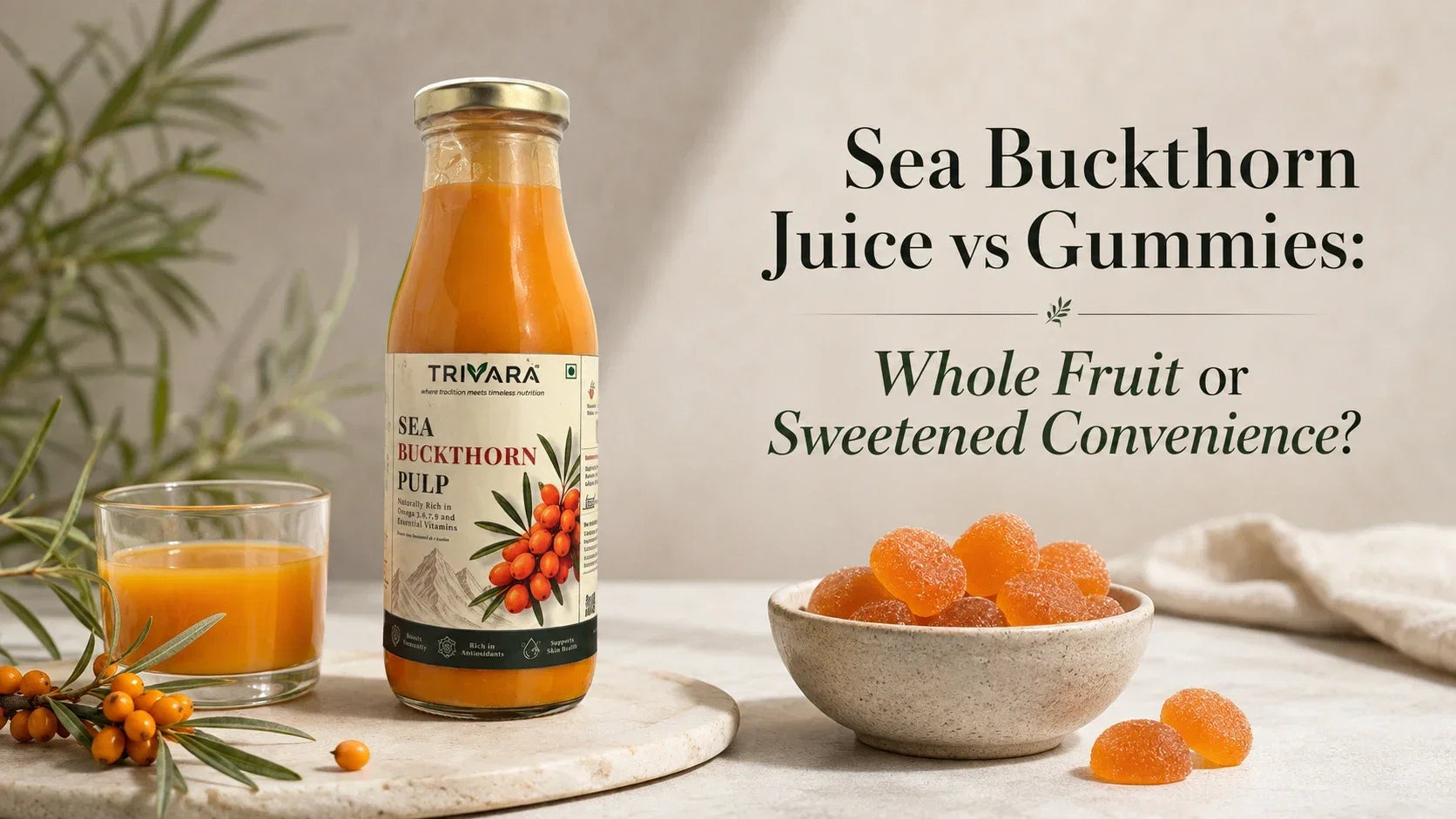 Sea buckthorn juice vs gummies comparison showing whole-fruit pulp and gummy supplements