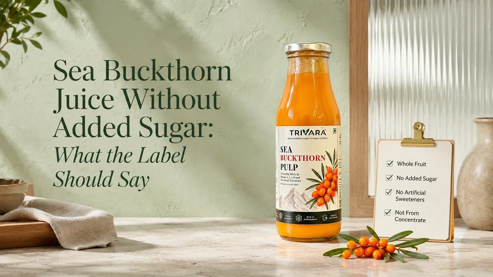 Sea buckthorn juice without added sugar with whole sea buckthorn berries and unsweetened fruit pulp