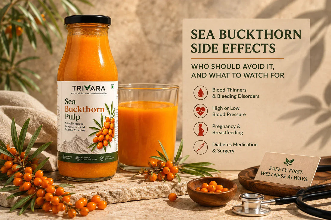 Trivara Sea Buckthorn Pulp with sea buckthorn berries and safety information on side effects and precautions