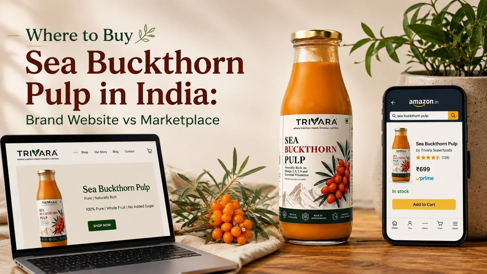 Where to buy sea buckthorn juice in India comparing a brand website, online marketplace and local seller
